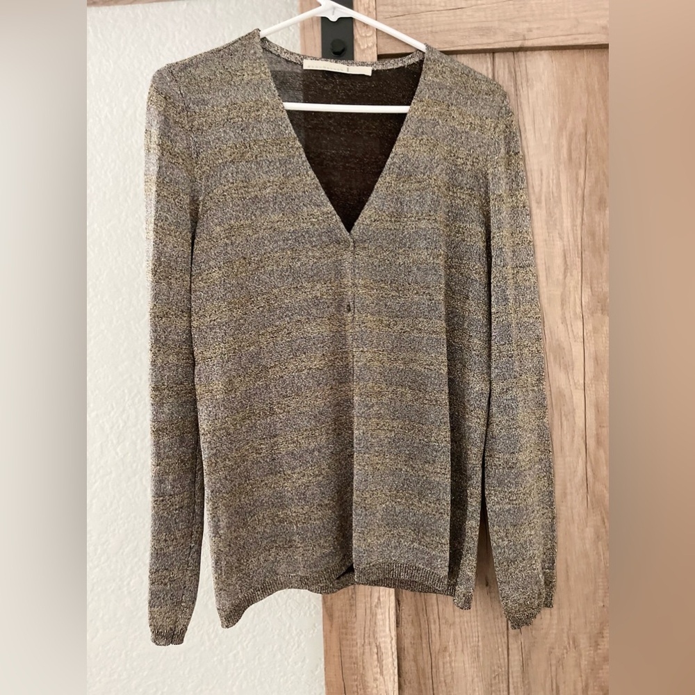 DOROTHEE SCHUMACHER | gold silver metallic silk cardigan / size 5 = XLarge